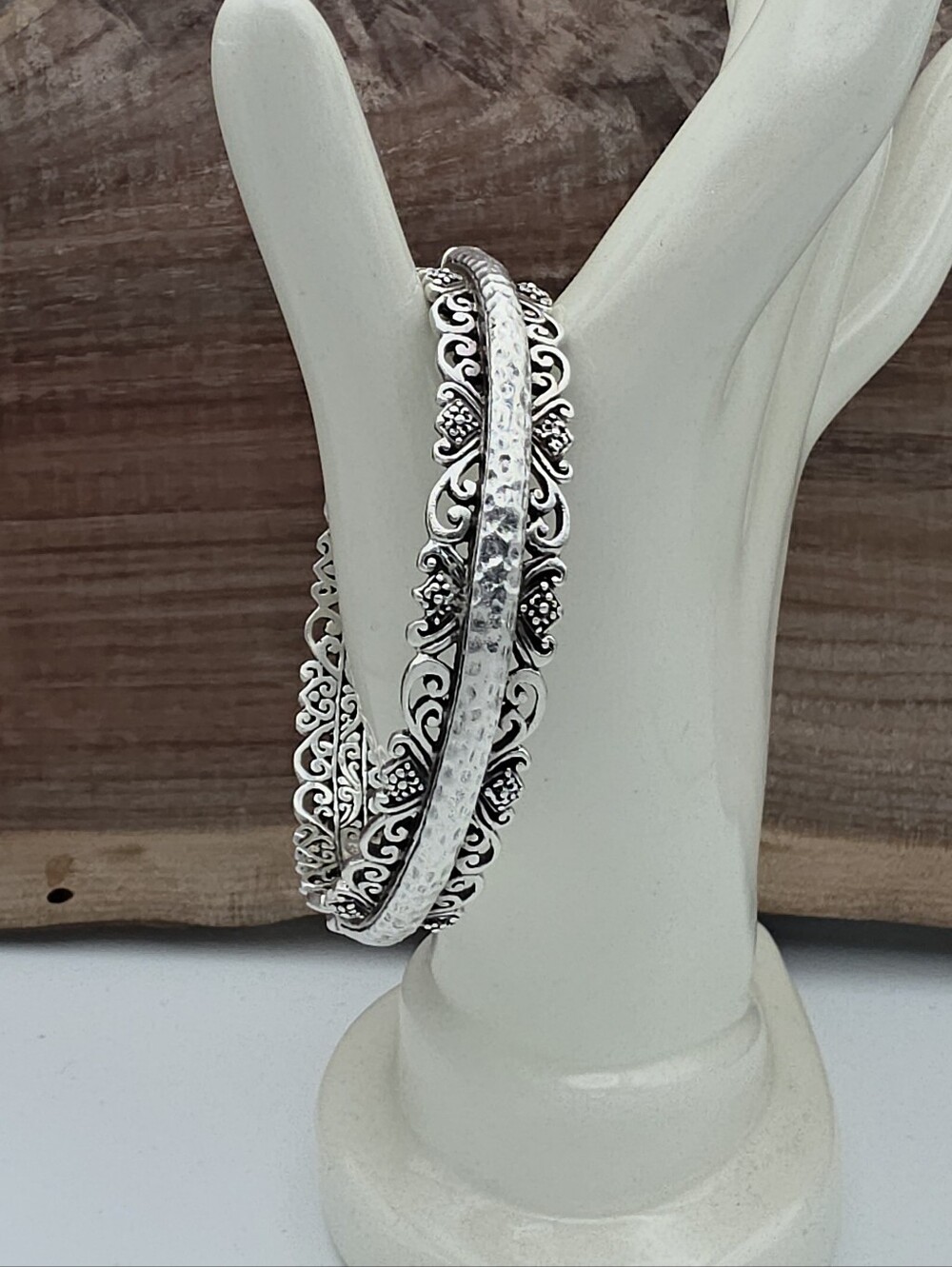 Sarda Bali 925 Sterling Silver Hinged Bangle Bracelet Heavy Hammered Scroll Boho
